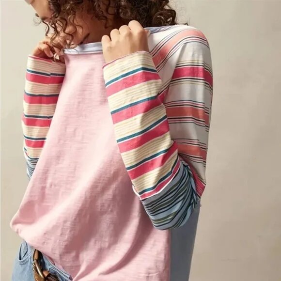 Pastel Pink & Blue Multicolour Striped T-Shirt Top - Picture 1 of 5